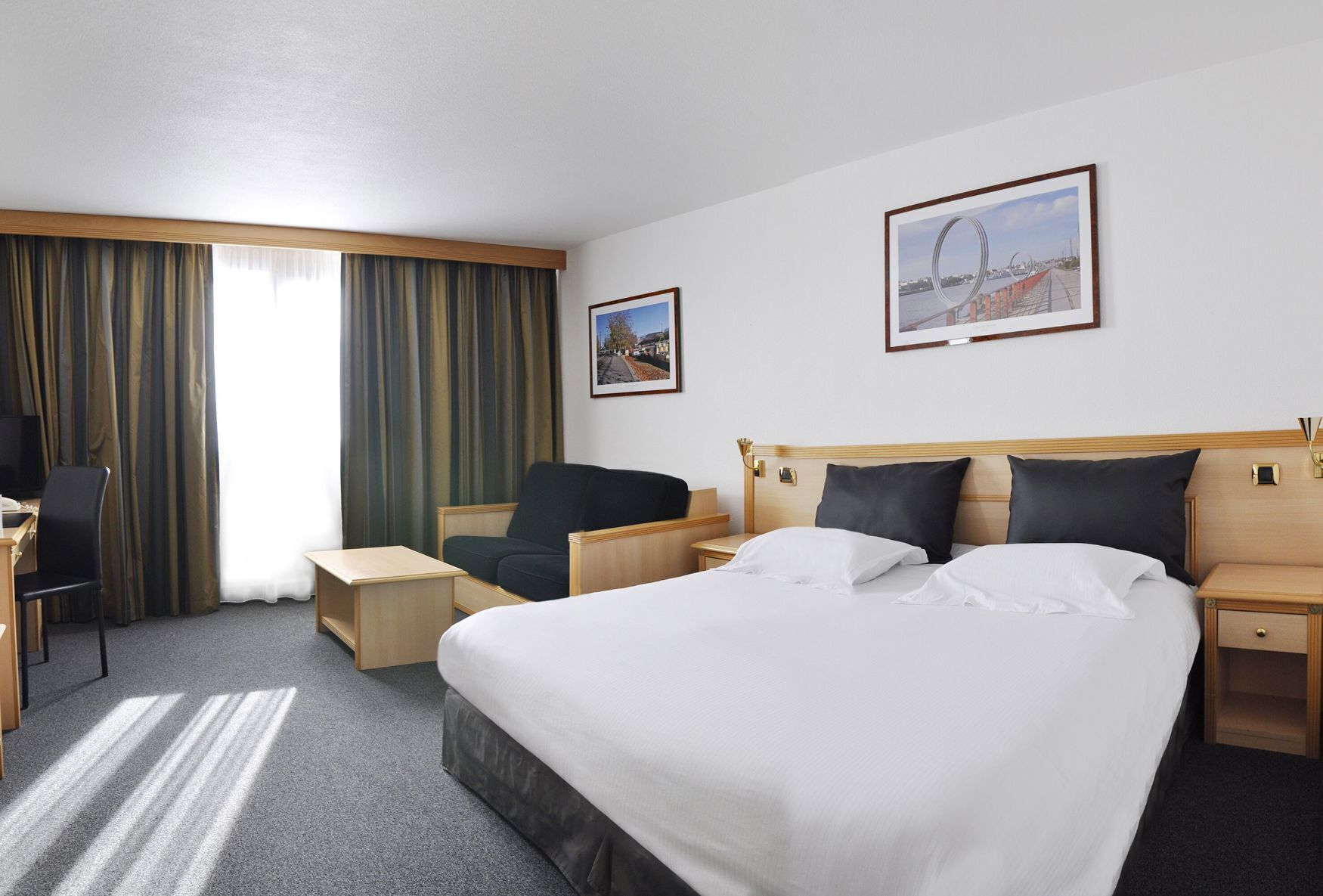 Premium bedding, desk, blackout curtains, soundproofing