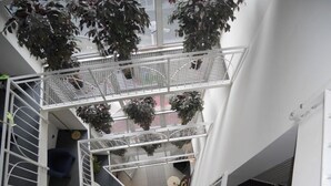 Een meerlaags atrium met metalen balustrades, planten in potten en een trap.