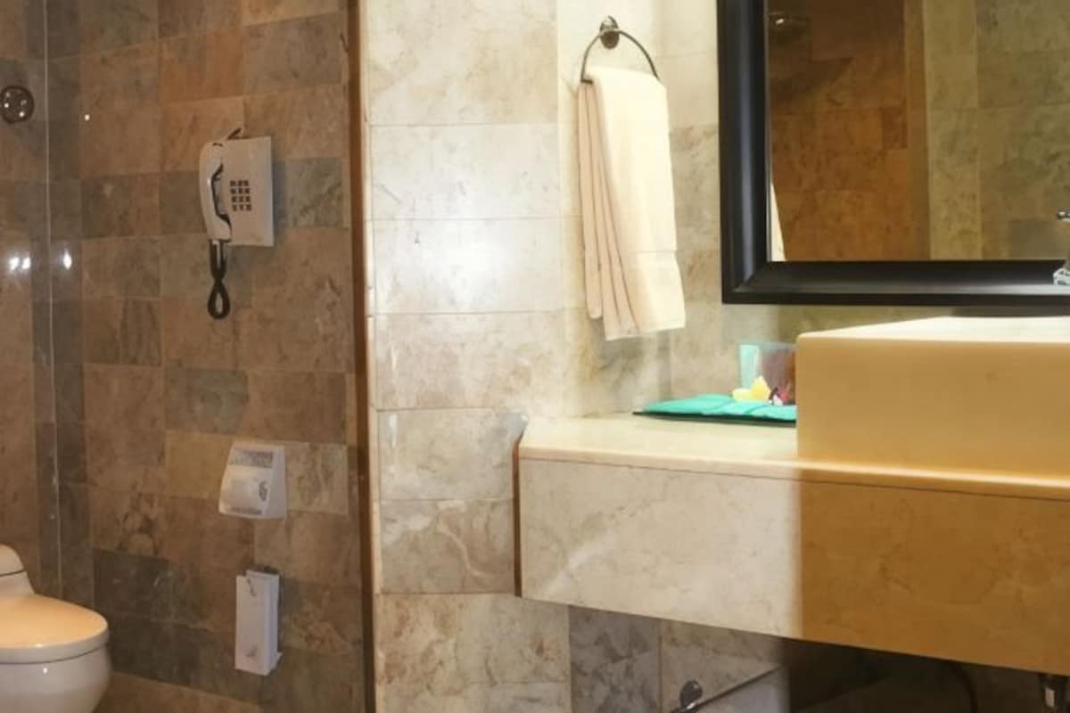 A bathroom with a toilet, a sink, a mirror, a towel rack, and a telephone.