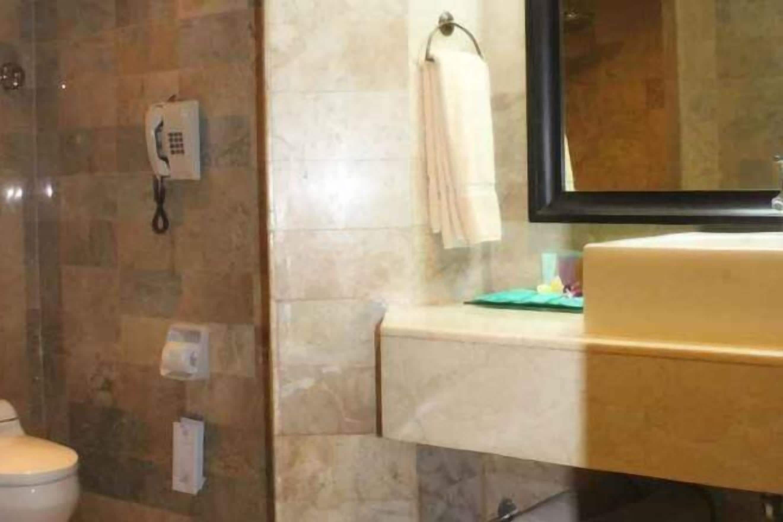 Shower, rainfall showerhead, eco-friendly toiletries, hair dryer