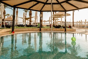 Indoor pool, outdoor pool, sun loungers