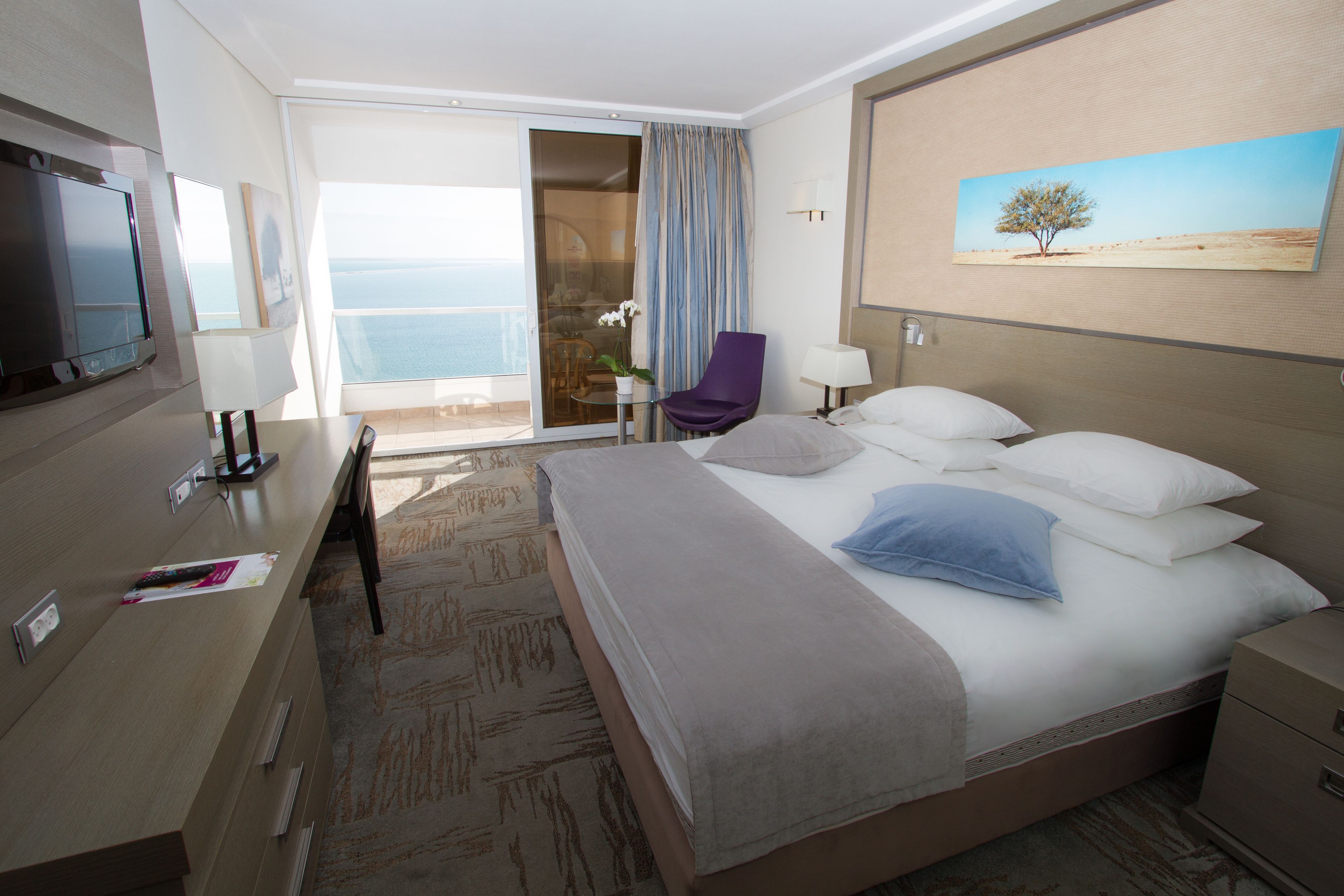 A hotel room with a bed, a desk, a TV, and a balcony with a view of the sea.