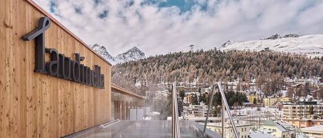 Un edificio de madera con una plataforma de cristal que ofrece vistas a una montaña nevada y un pueblo.