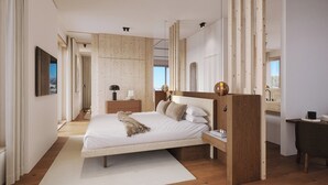Un dormitorio moderno con una cama grande, cabecera de madera, mesitas de noche y vistas al exterior.