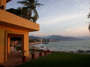 On the beach, sun-loungers, beach umbrellas, beach towels