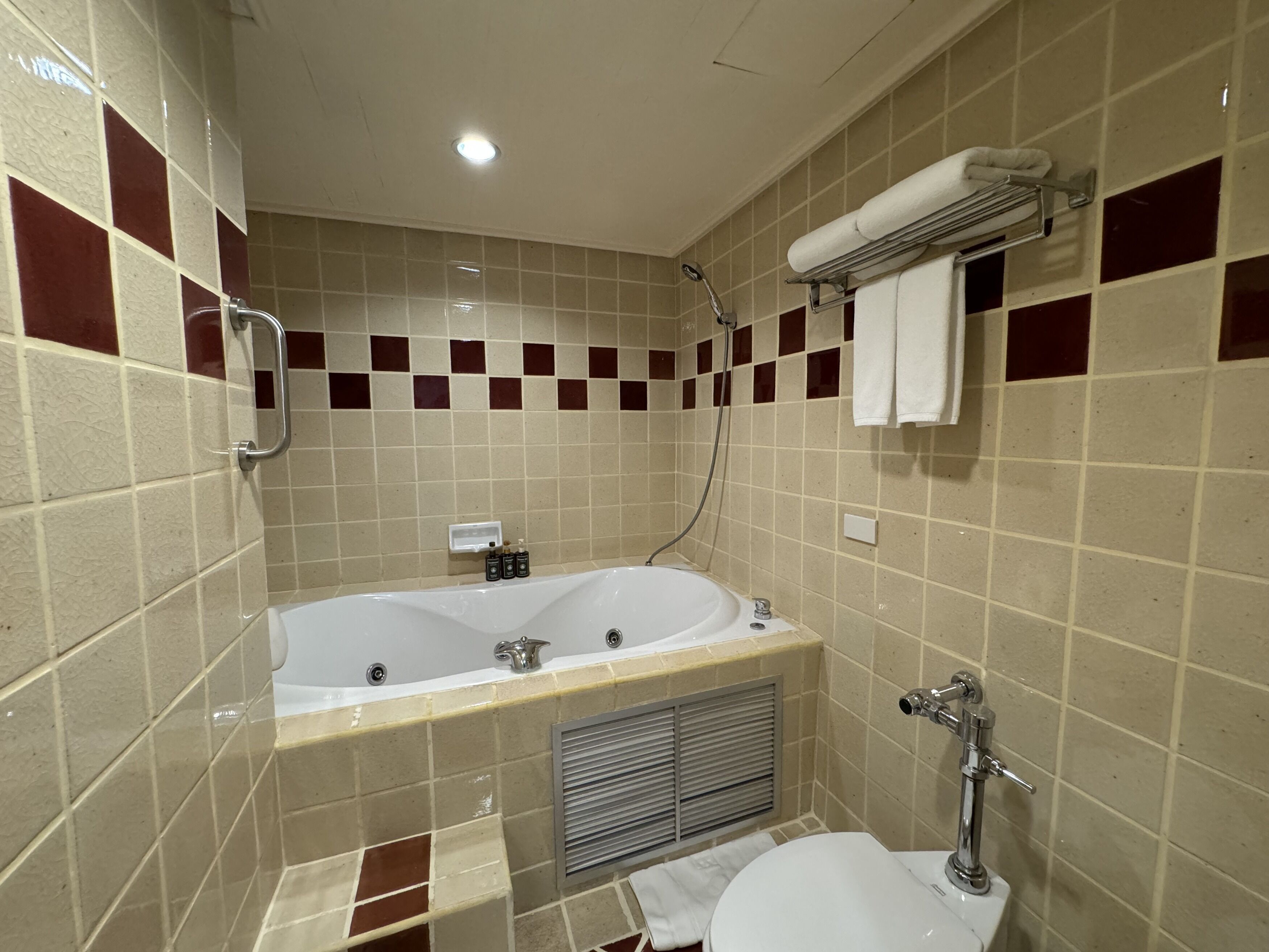 A bathroom with a bathtub, toilet, and shower.