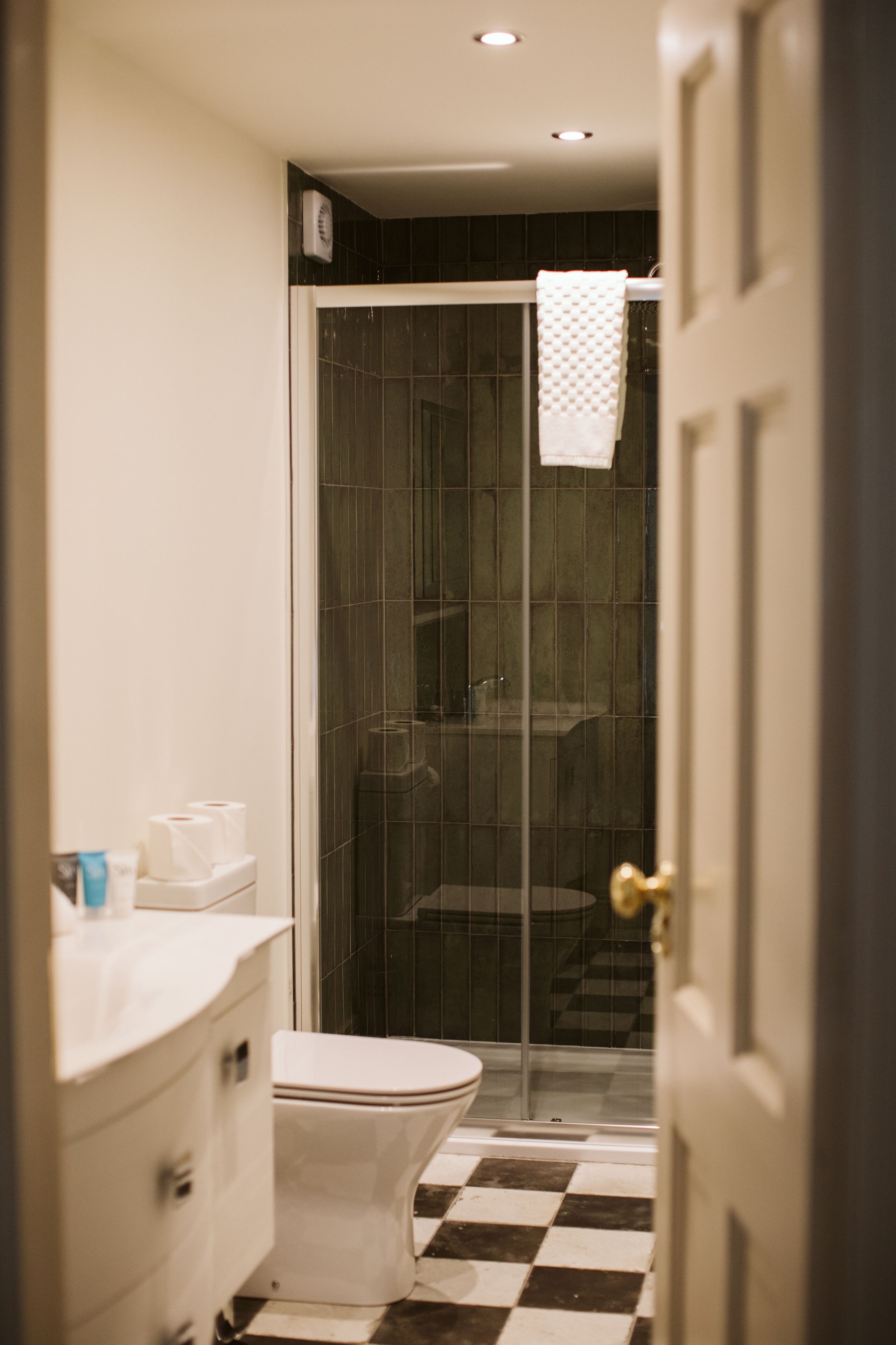 A bathroom with a toilet, a sink, and a shower.