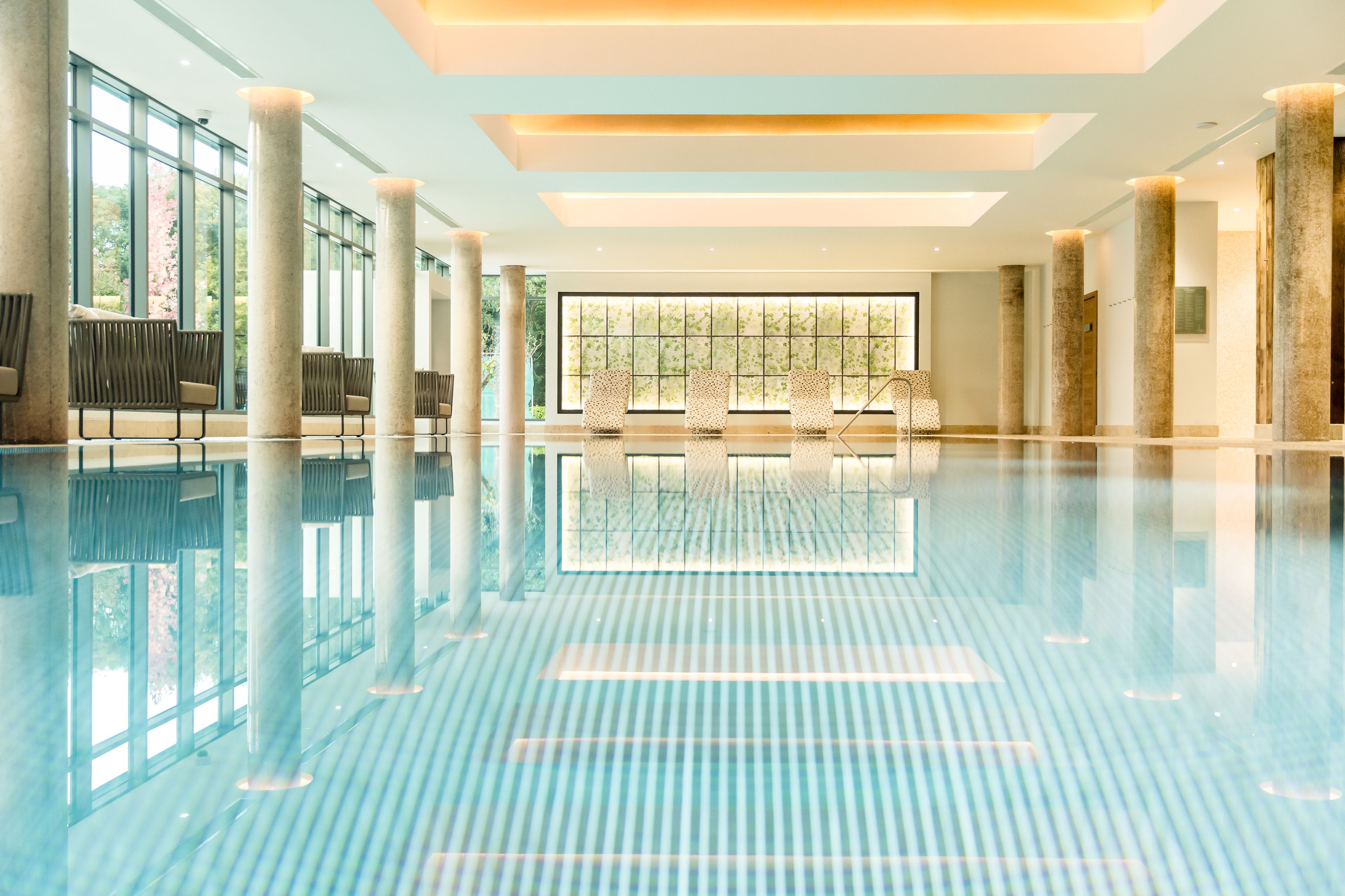 indoor pool, pool loungers
