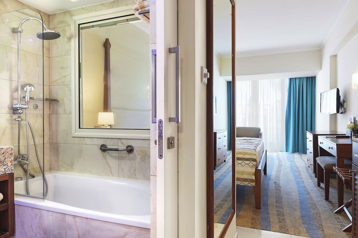 combined shower/bathtub, free toiletries, hair dryer, slippers