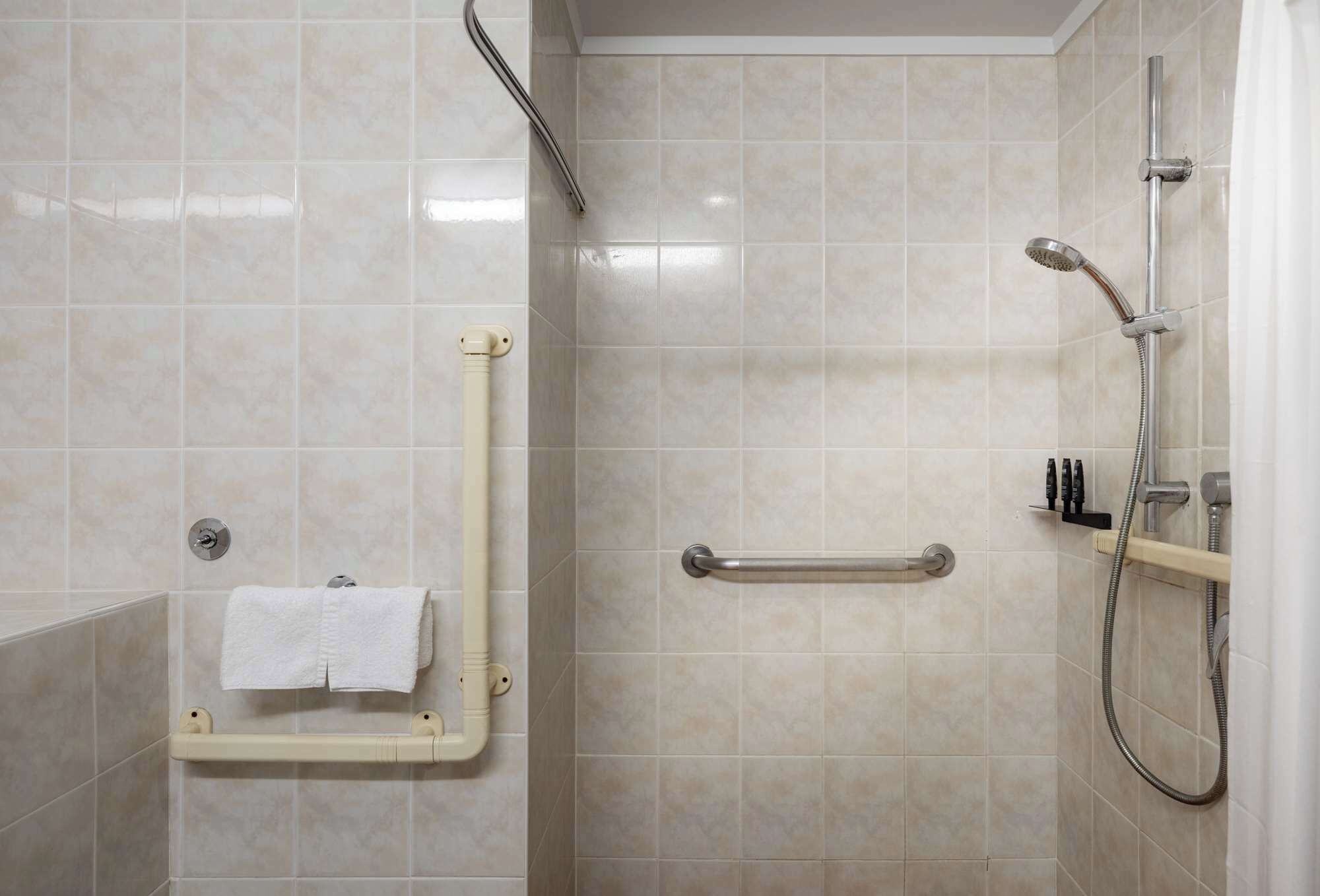 A modern shower area with a handheld showerhead, a grab bar, and a towel rack.
