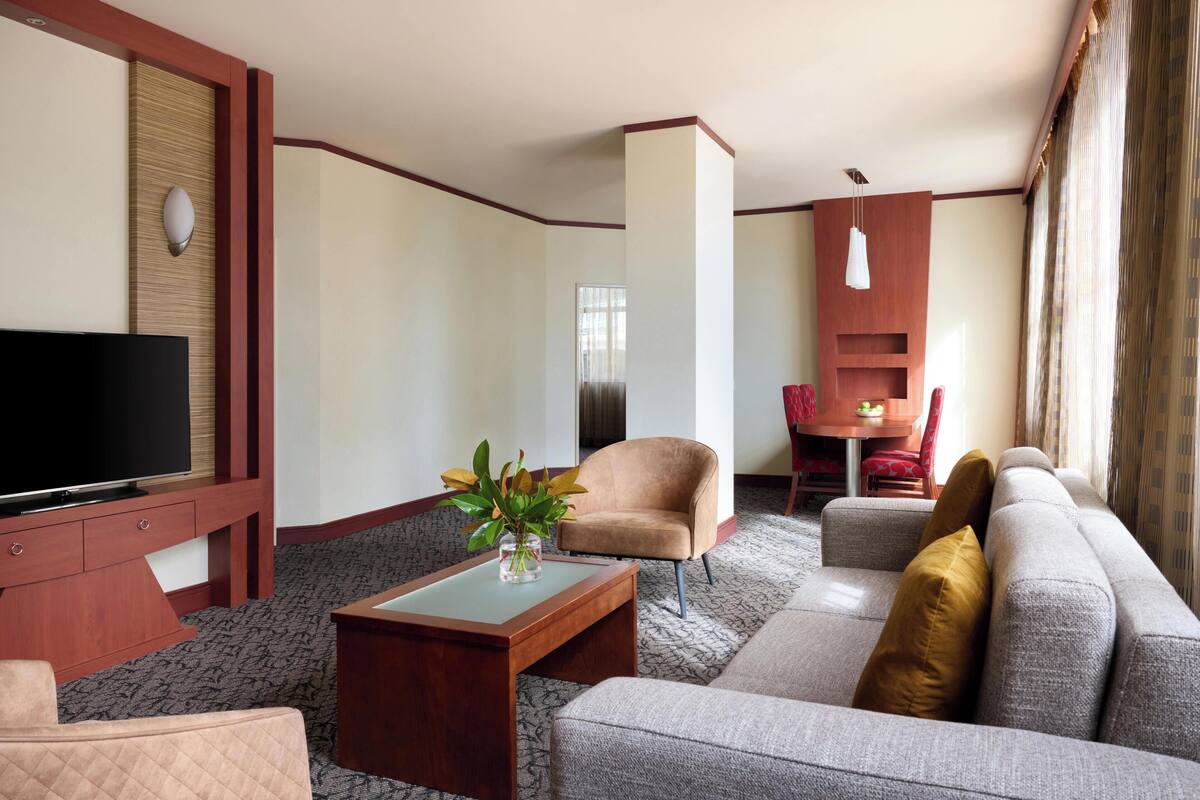 Camera d'albergo con TV a schermo piatto, divano, poltrona, un piccolo tavolo con un vaso di fiori e un'area pranzo con tavolo e sedie.
