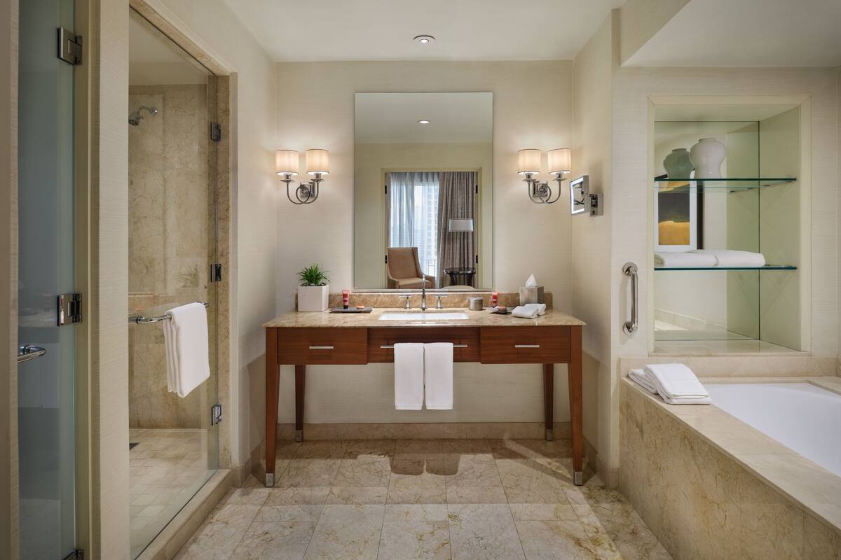 executive room, 1 king bed, non smoking, tower | bathroom | separate bathtub and shower, deep-soaking bathtub, designer toiletries