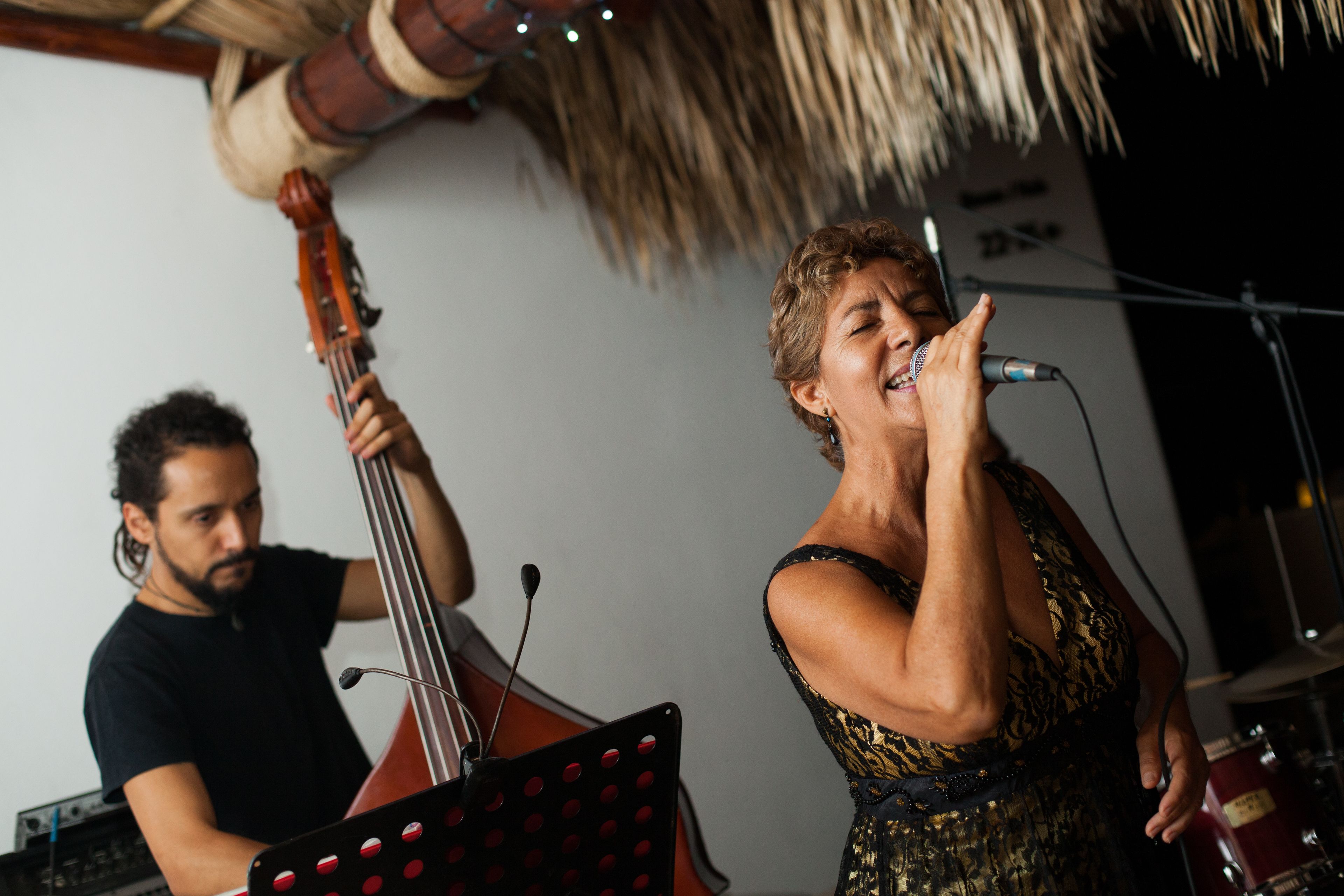 Une personne joue du violoncelle et une autre chante dans un microphone.