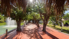 A paved pathway lined with trees and a fountain. - Melia Puerto Vallarta - All inclusive (Puerto Vallarta)