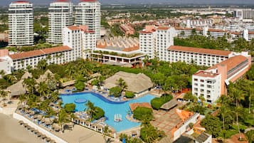 Outdoor pool, pool umbrellas, pool loungers