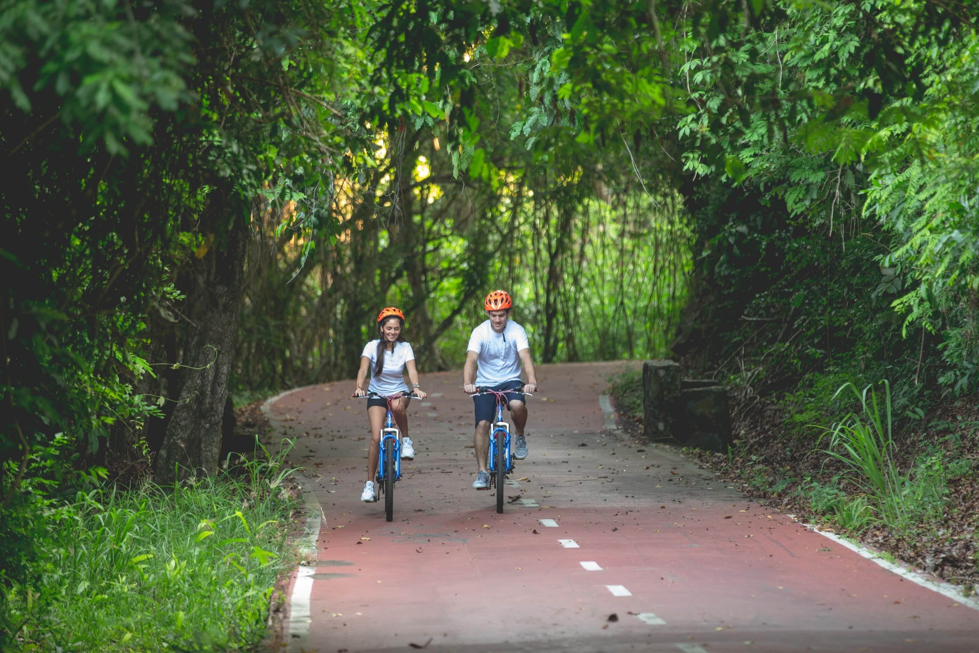 Two people on bicycles on a paved path surrounded by dense greenery.