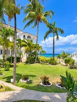 Un resort con piscina, palmeras y vista al océano.