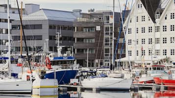 Een jachthaven met aan wal liggende boten, gebouwen met balkons, en een heldere lucht.