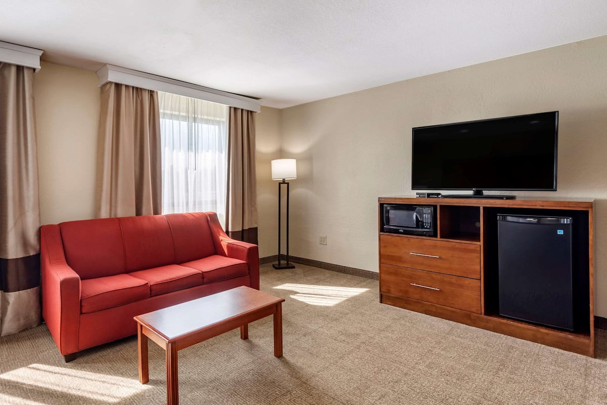 A hotel room with a red sofa, a wooden coffee table, a flat-screen TV, a microwave, and a mini-fridge.