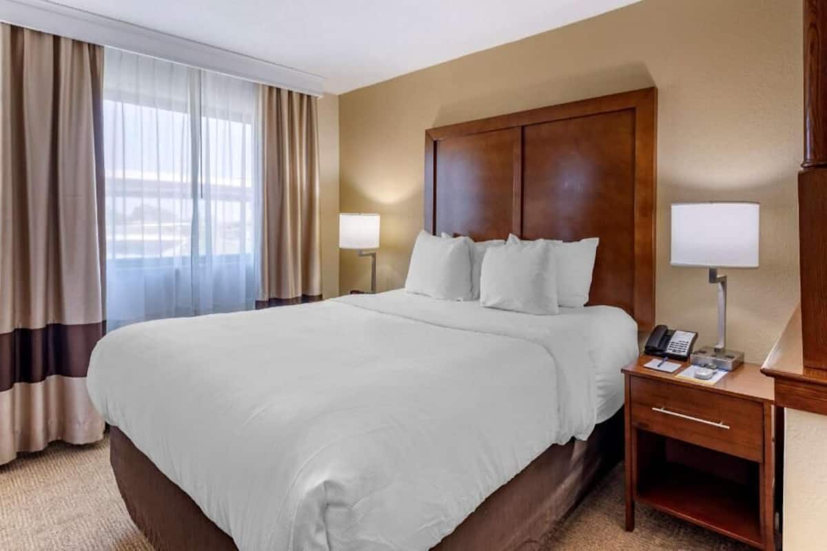 A hotel room with a large bed, two bedside tables, a nightstand, and a window with curtains.