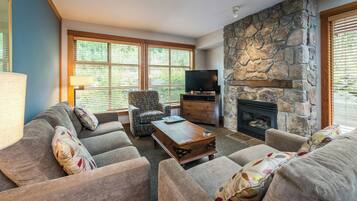 Flat-screen TV, fireplace, DVD player