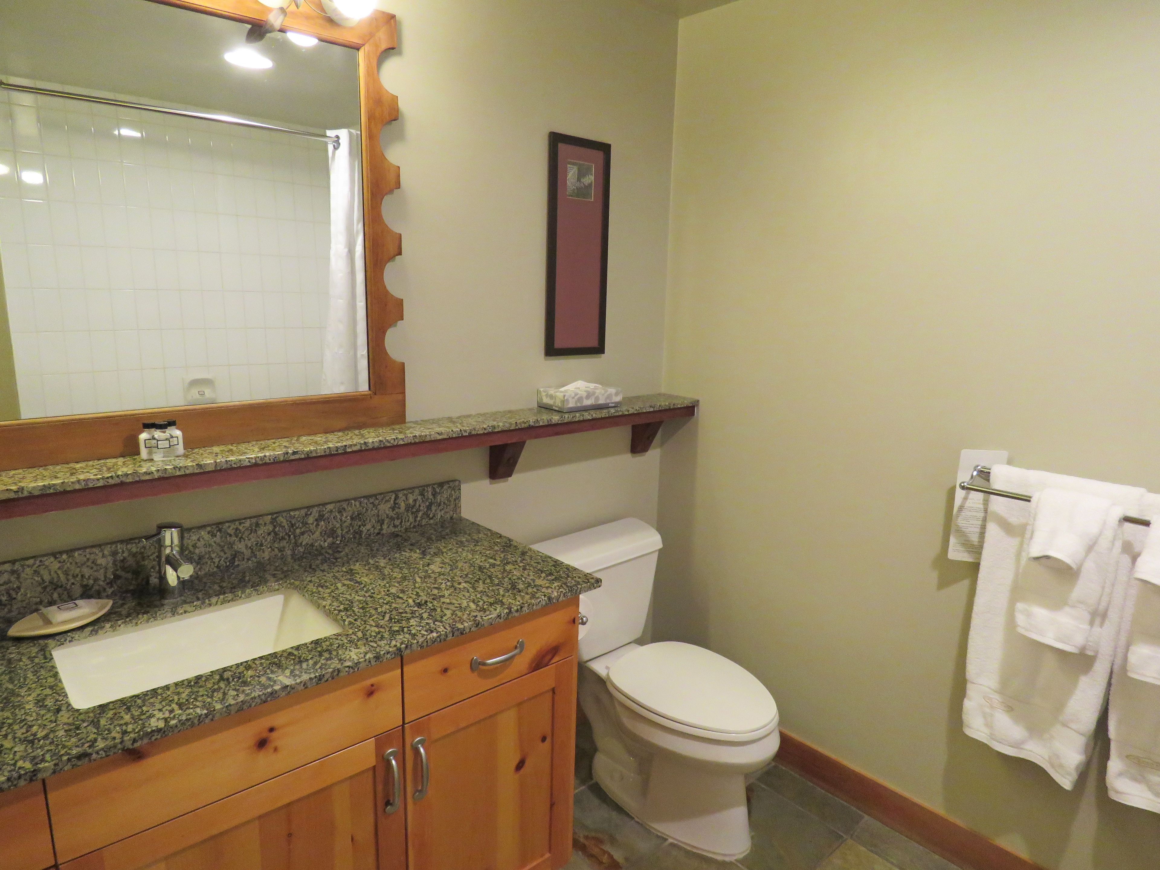 A bathroom with a granite countertop sink, wooden cabinets, a white toilet, and a towel rack.