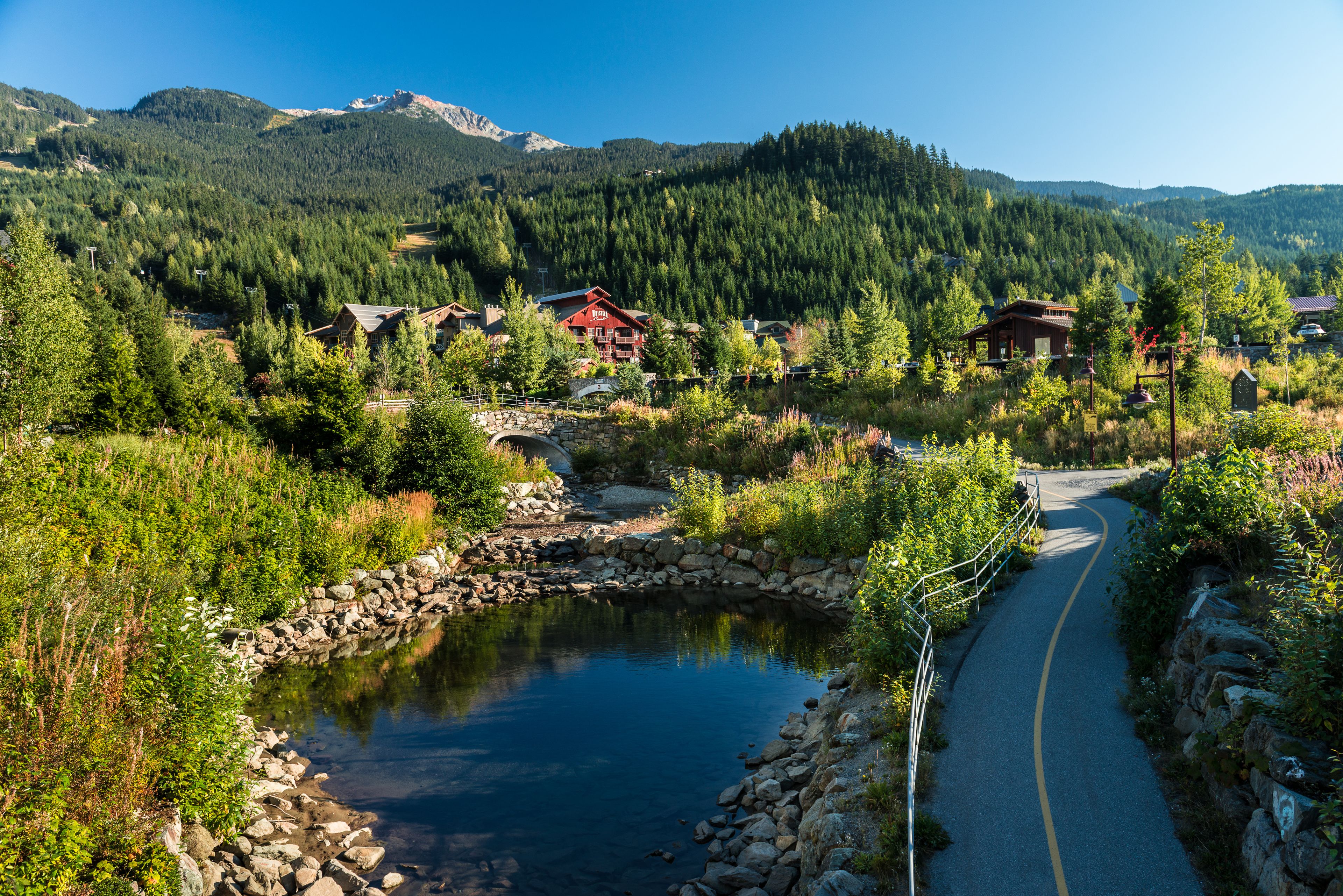 A mountain lodge with a pond, surrounded by dense forest and mountains.
