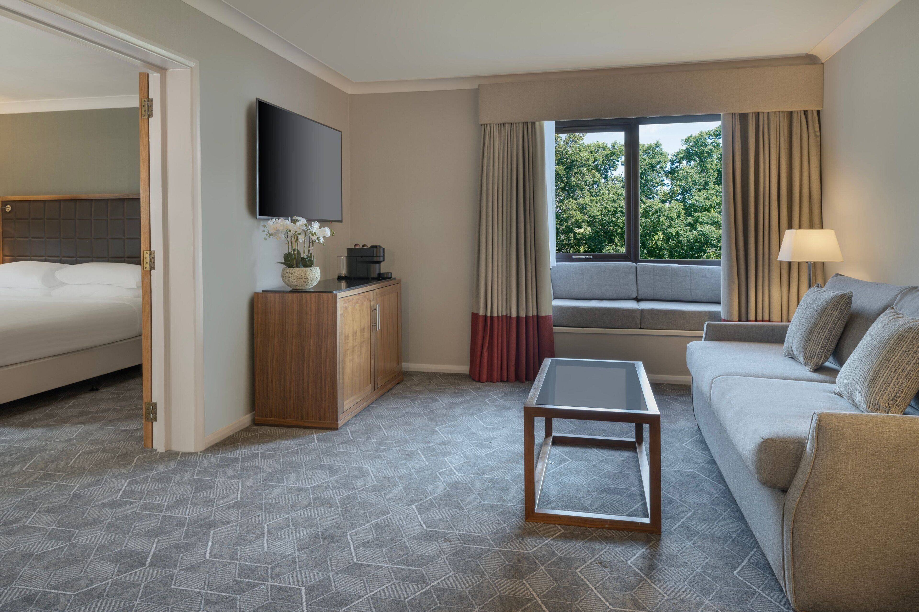 Habitación de hotel con cama, sofá, mesa de centro, televisor, ventana con cortinas y vista a árboles.