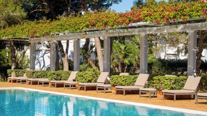 A pool area with lounge chairs and a pergola with flowering plants.