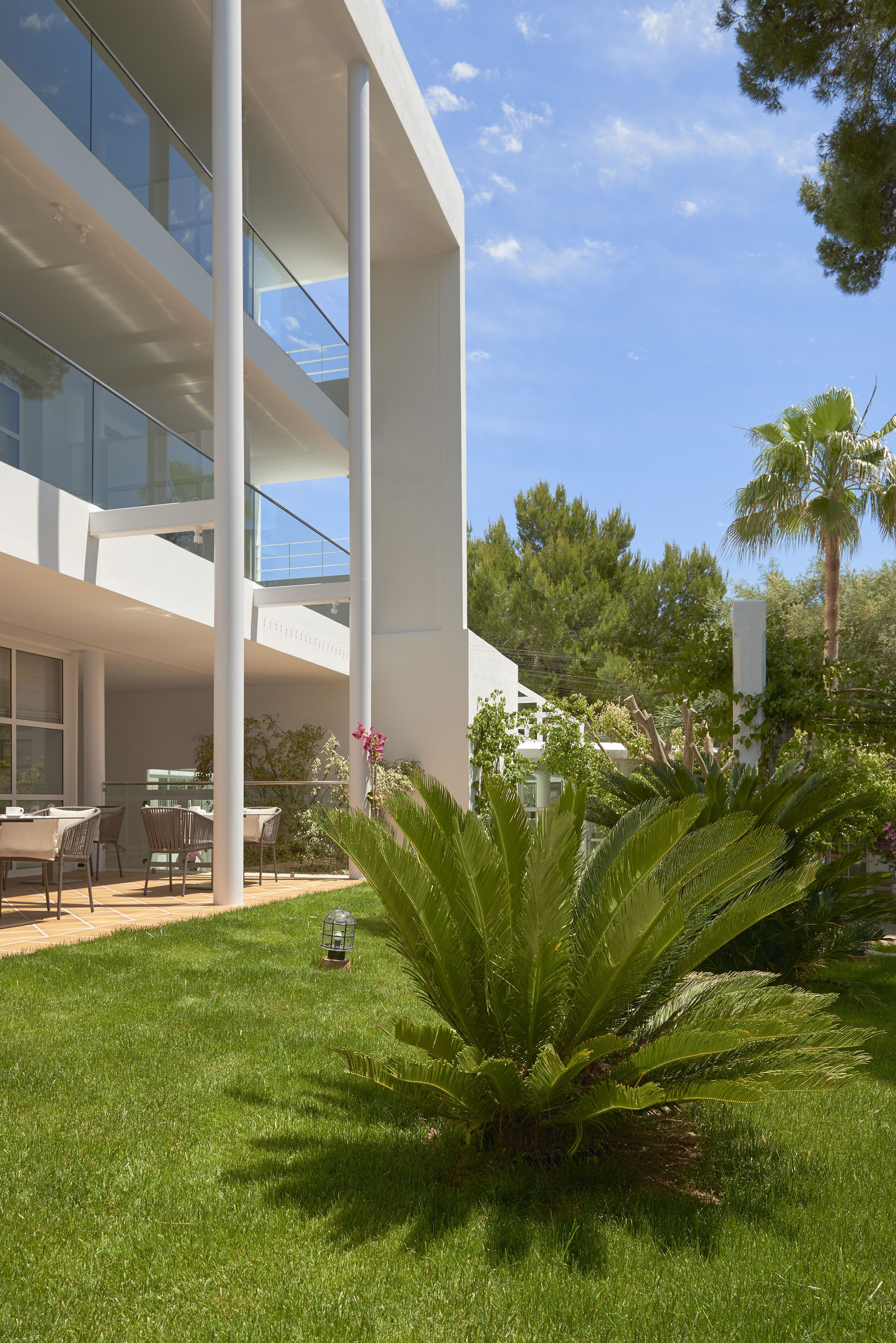 Un edificio moderno de varios pisos, con amplios ventanales y un jardín bien cuidado con palmeras y helechos.