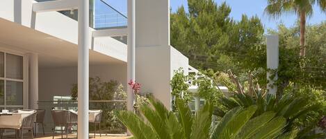 Un edificio moderno de varios pisos, con amplios ventanales y un jardín bien cuidado con palmeras y helechos.