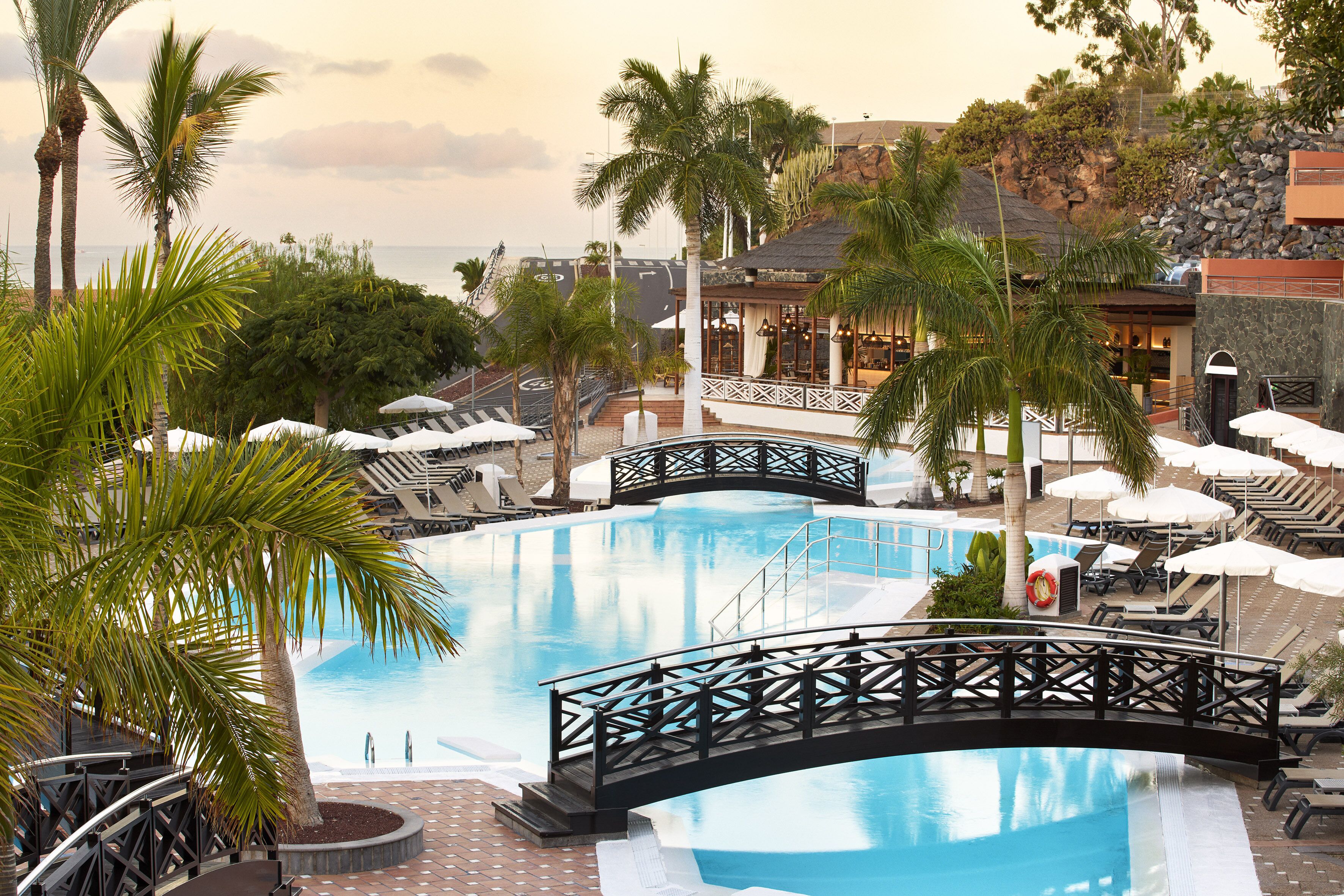 Ein Hotelpool mit einer Brücke, Palmen und Liegestühlen.