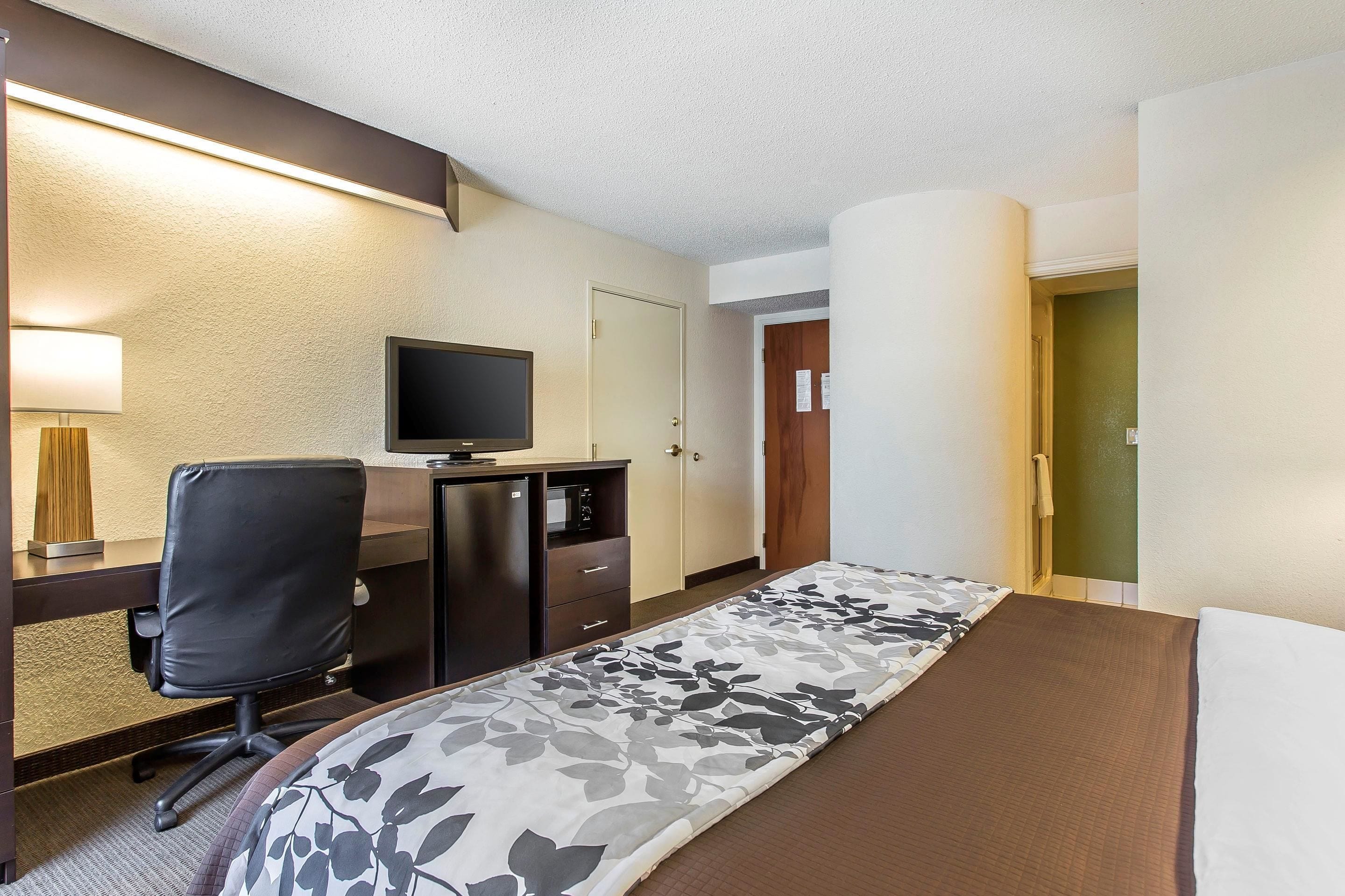 Une chambre d’hôtel avec un lit, un bureau et une chaise, une télévision et une porte.