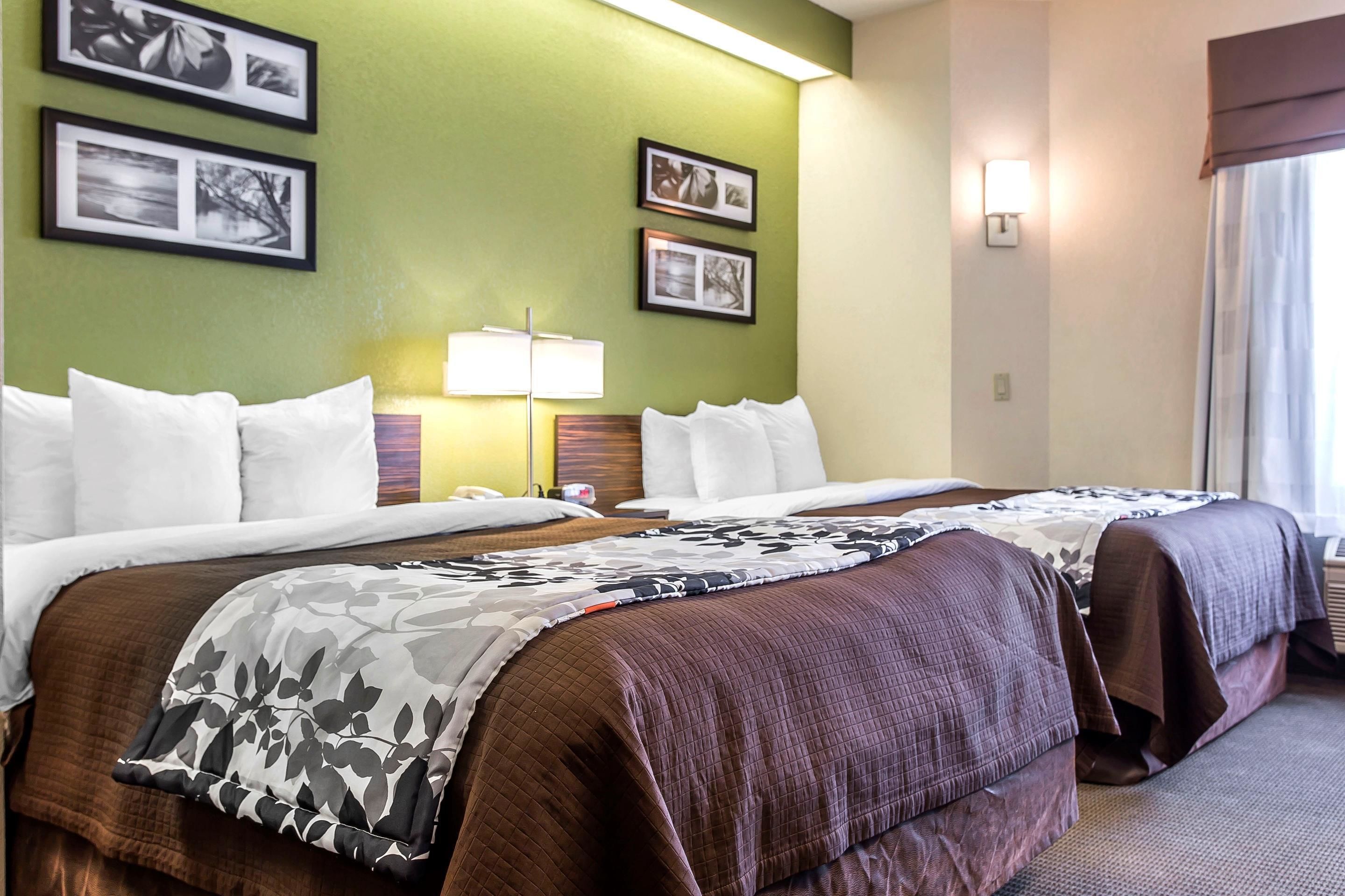 Quarto de hotel com duas camas, mesa de cabeceira, luminária e quadros na parede.
