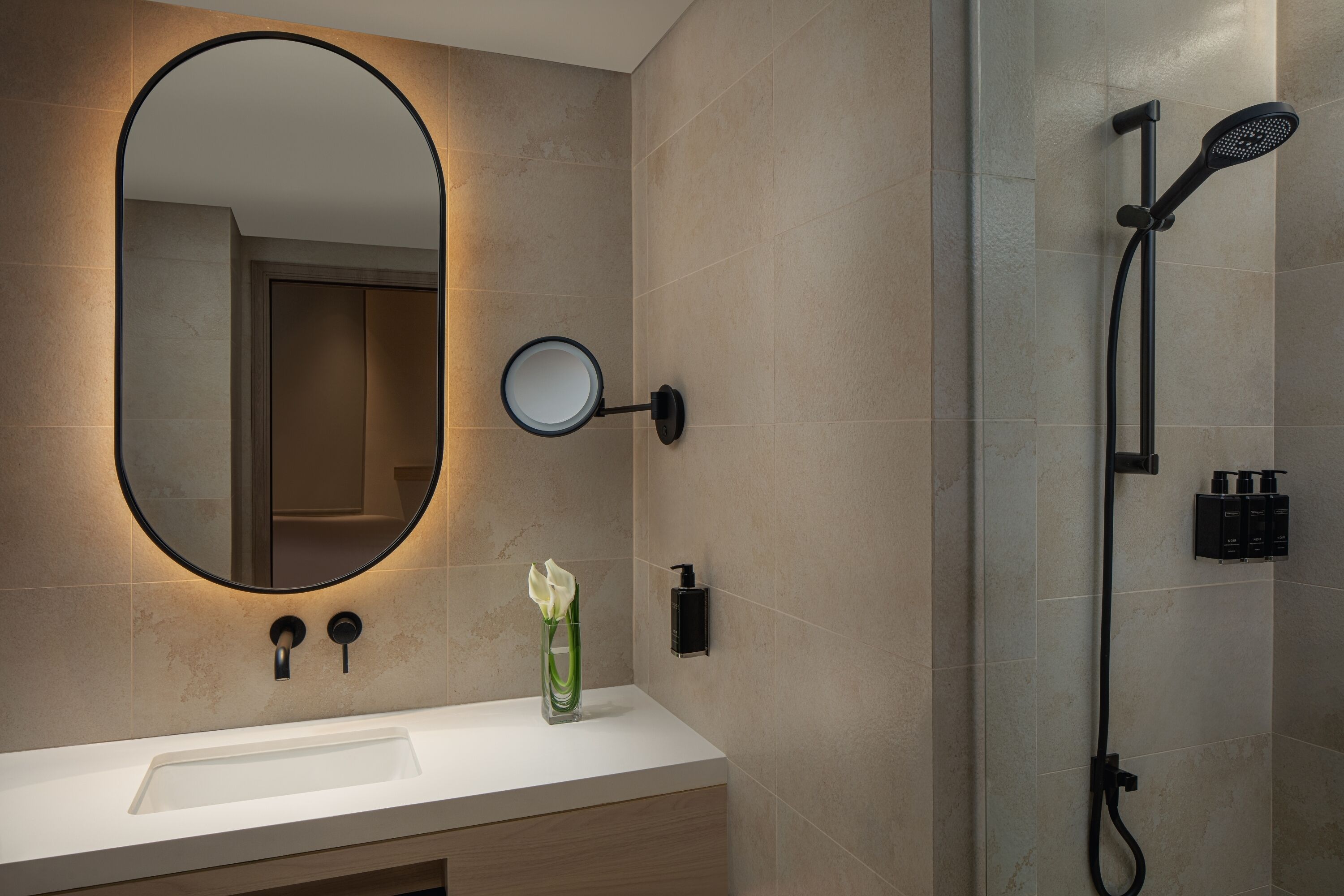 A modern bathroom with a large oval mirror, a handheld showerhead, and a small bottle of shampoo on the wall.