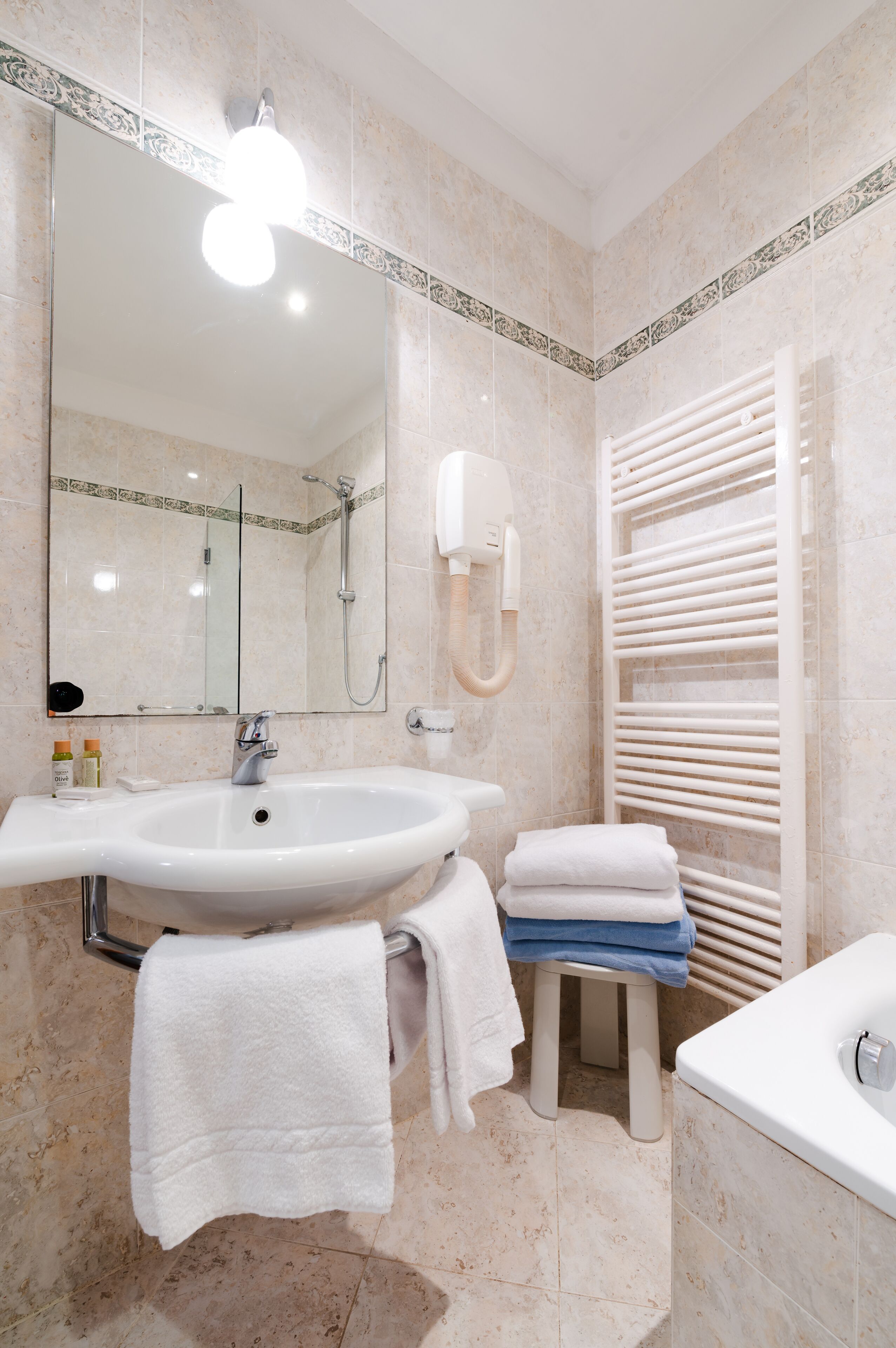 free toiletries, hair dryer, bidet, towels