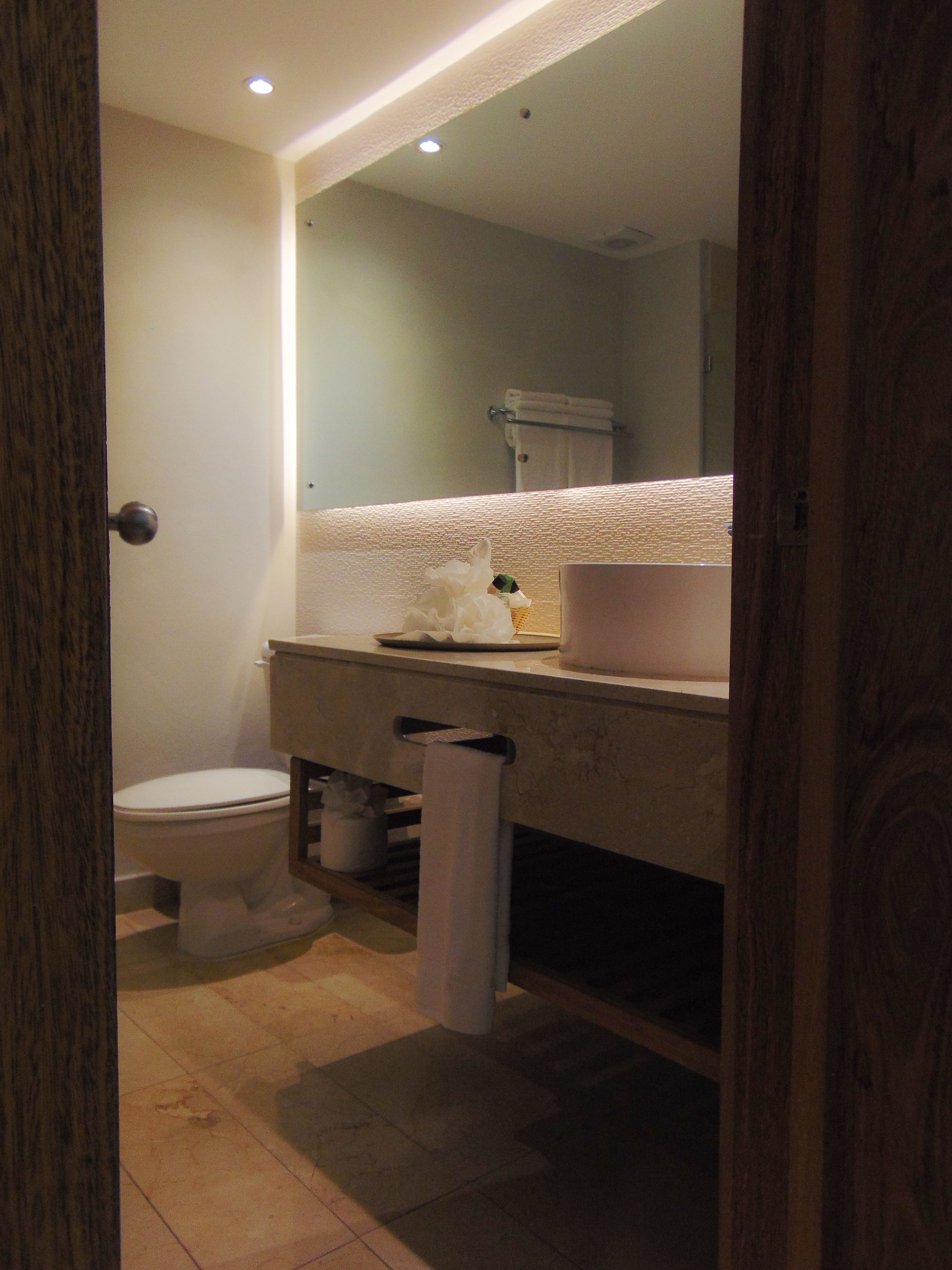 Een badkamer met toilet, wastafel, spiegel en handdoekhouder.