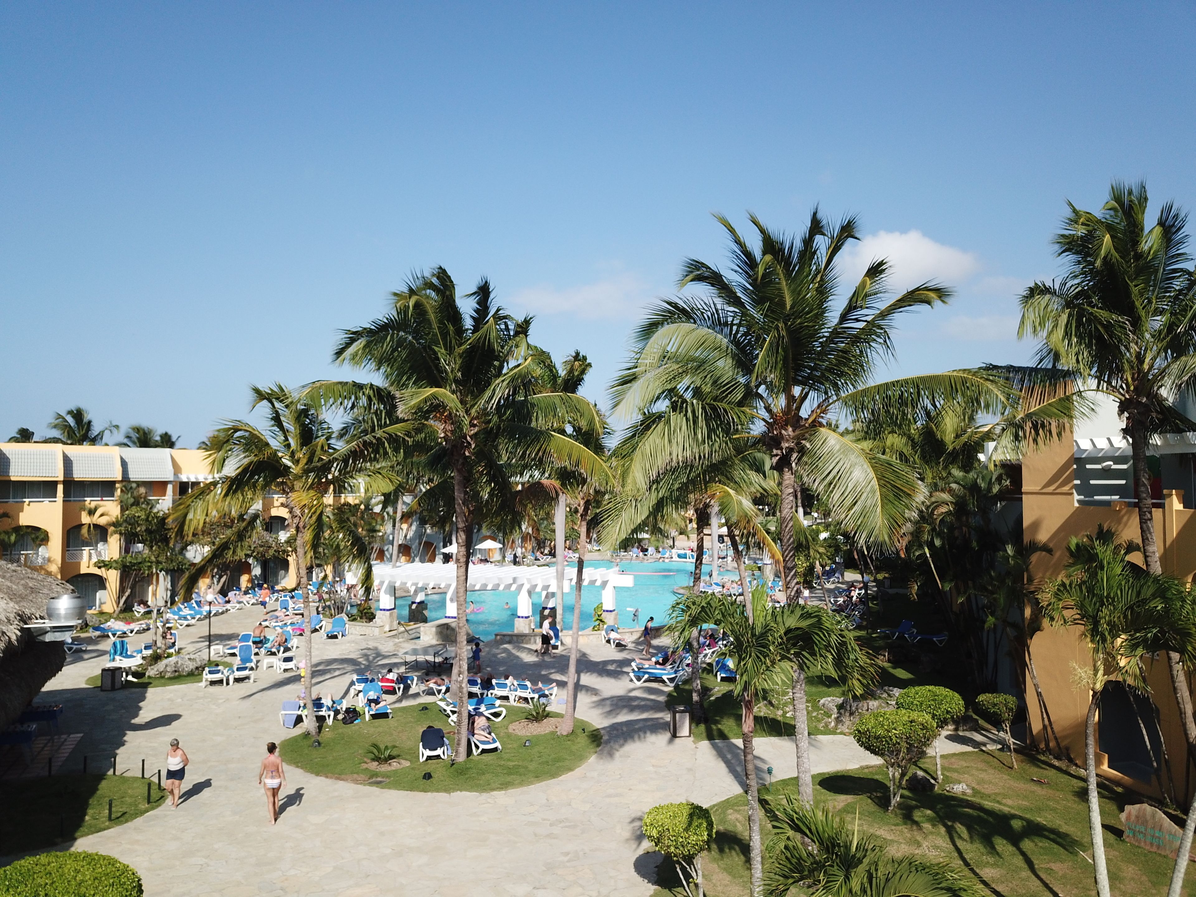 Un resort con piscina central, palmeras y sillas de descanso.
