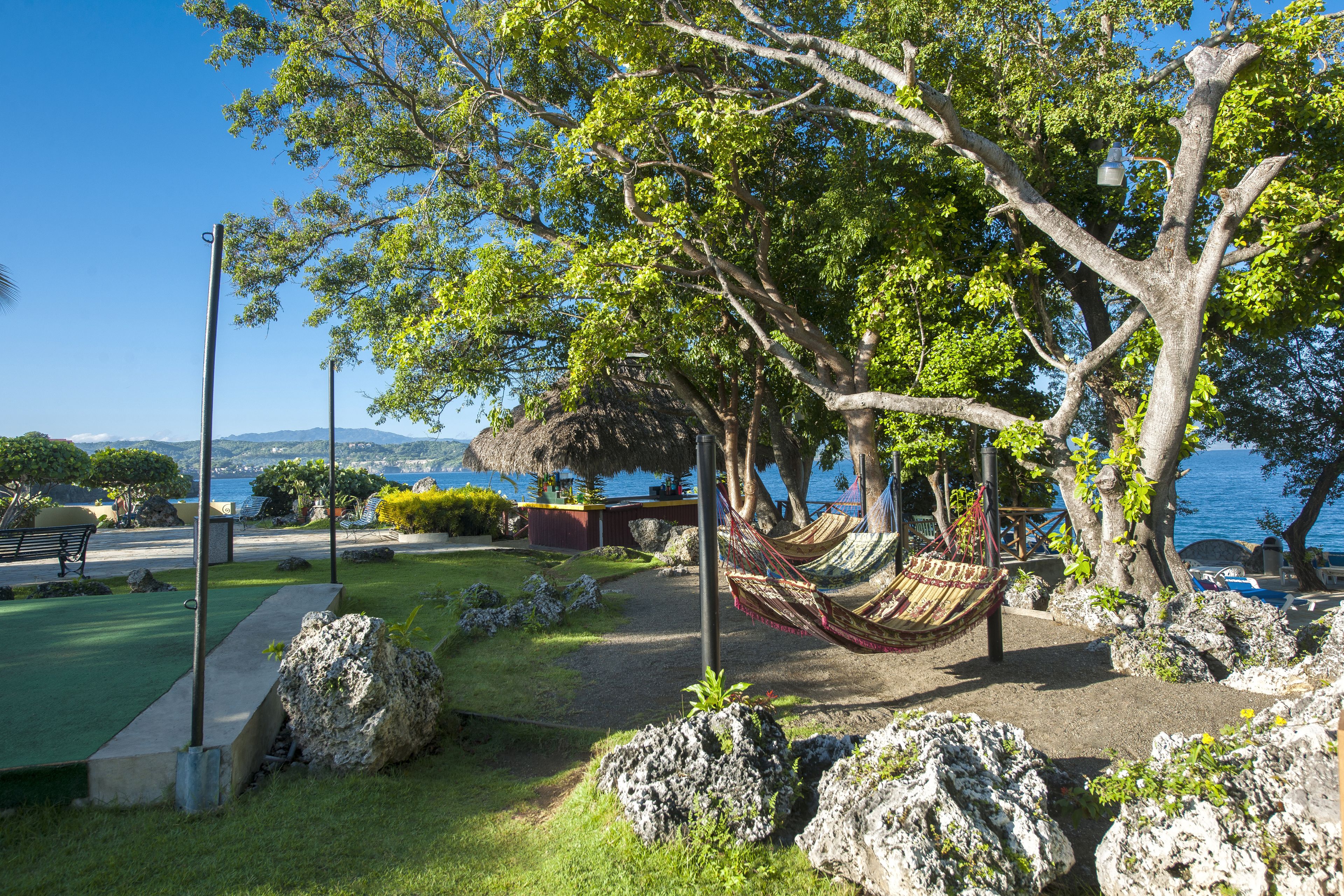 Un parc avec un hamac, une structure à toit de chaume et une vue sur la mer.