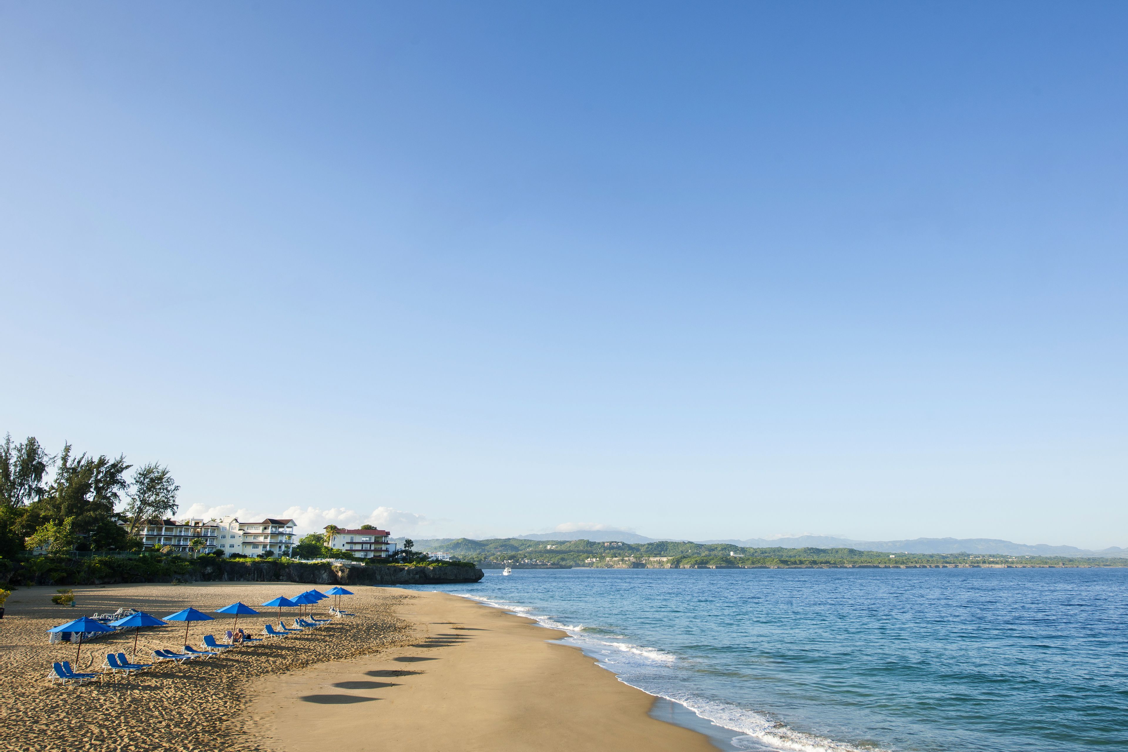 A beach with blue umbrellas and lounge chairs, a clear sky, and buildings in the background.