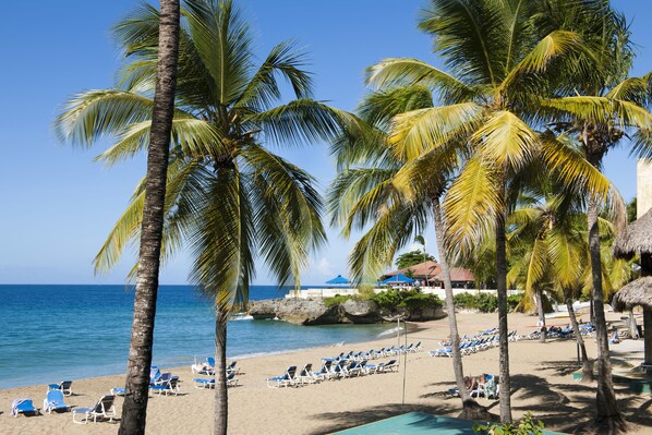 On the beach, sun loungers, beach towels
