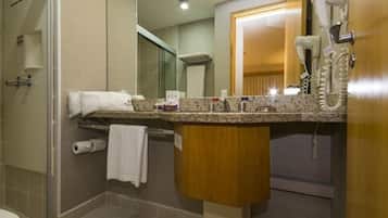 Shower, free toiletries, hair dryer, towels