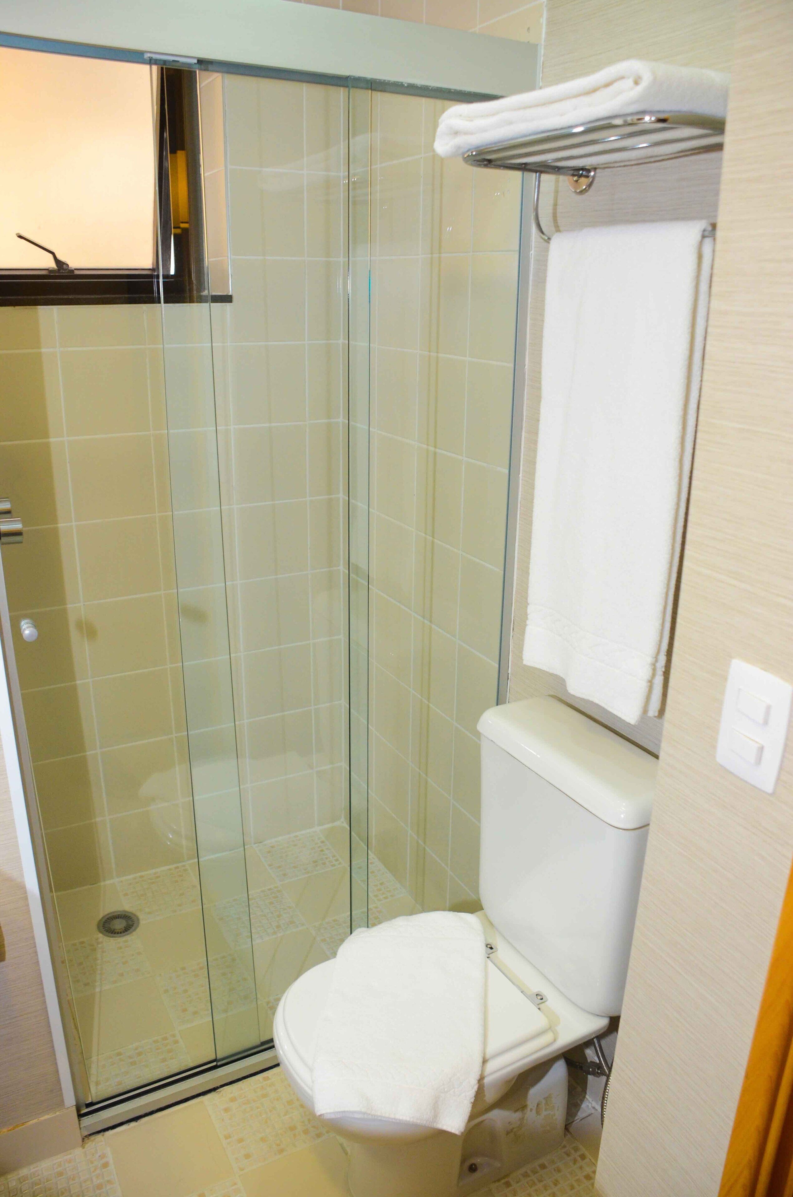 shower, free toiletries, hair dryer, towels