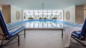 Indoor pool, open 2:00 PM to 9:00 PM, sun loungers