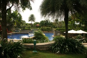 A landscaped garden with a central pool, surrounded by palm trees and various shrubs.