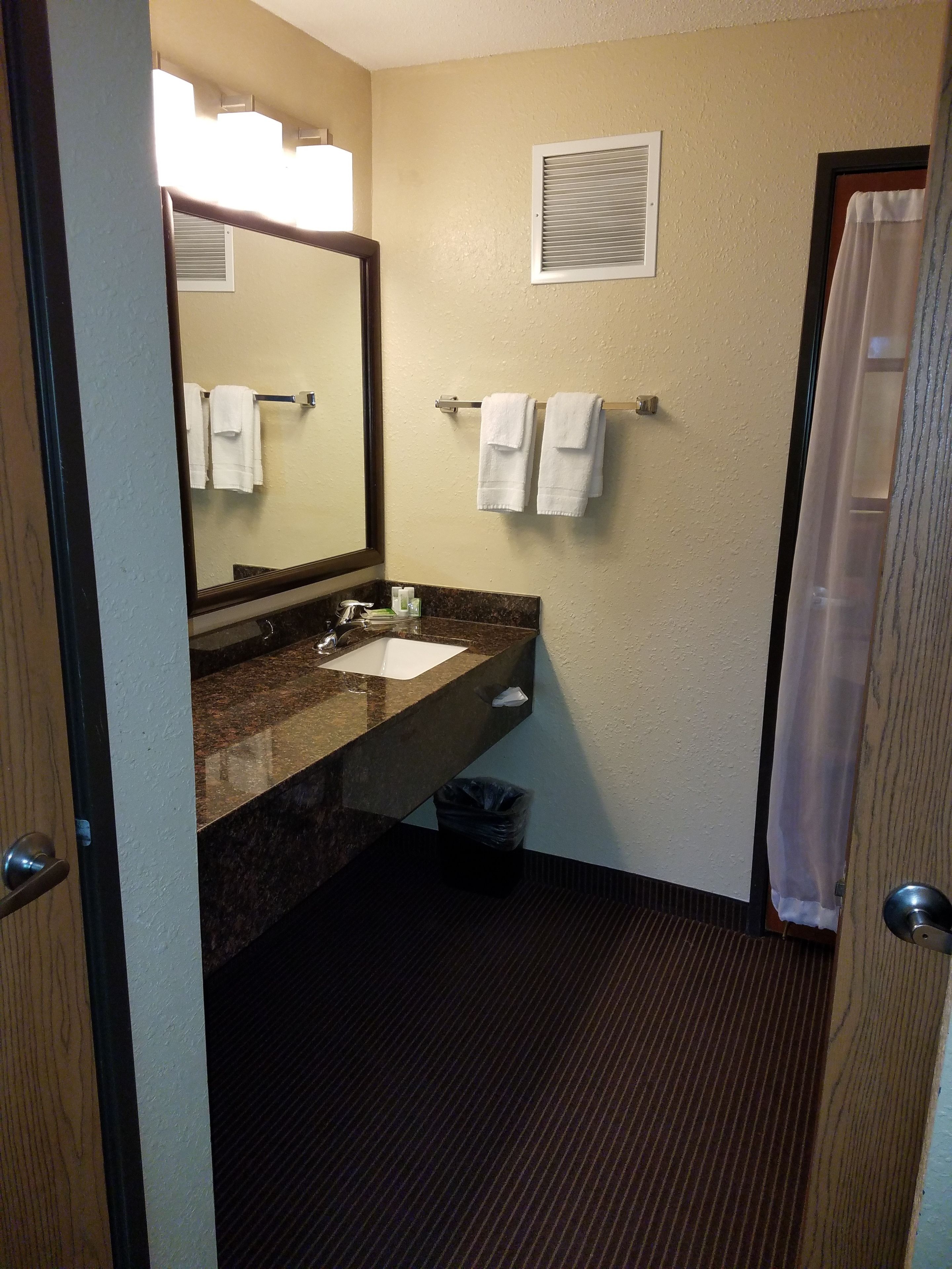 Un baño de hotel con lavamanos, espejo, toallero y cortina de ducha.