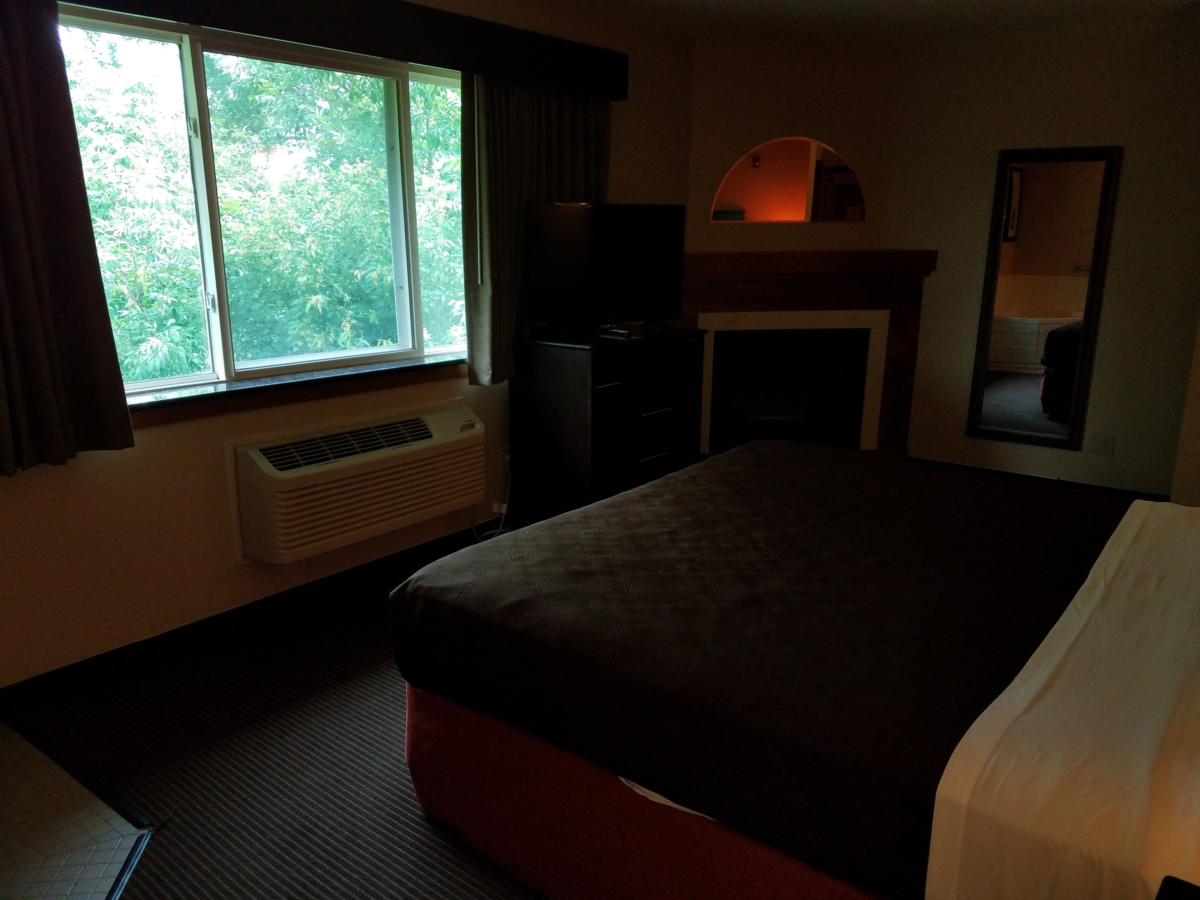 Ein Hotelzimmer mit Bett, Heizung, Fernseher und Kamin.