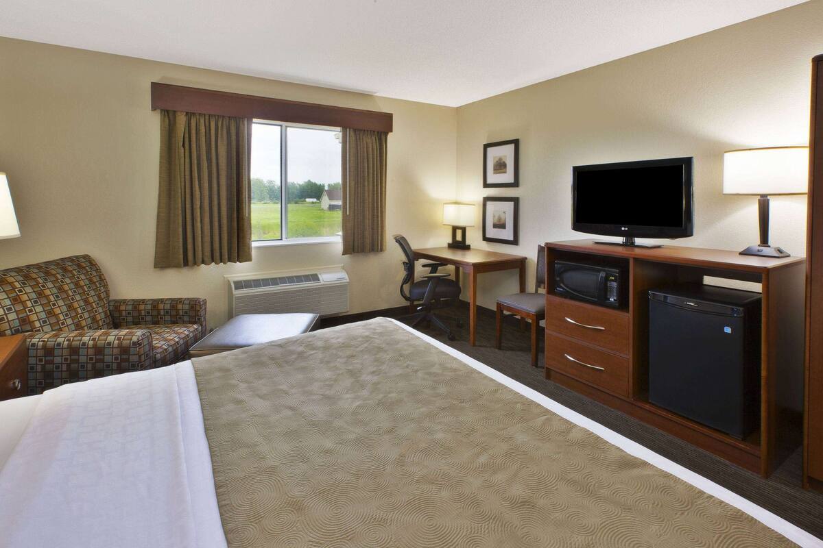 Une chambre d’hôtel équipée d’un lit, d’un bureau, d’une télévision, d’un réfrigérateur et offrant une vue sur l’extérieur.