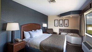Una habitación de hotel con una cama, lámparas de noche, una silla, una bañera y un ventanal grande.