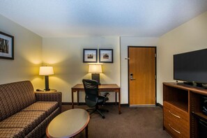 Individually furnished, desk, laptop workspace, blackout drapes